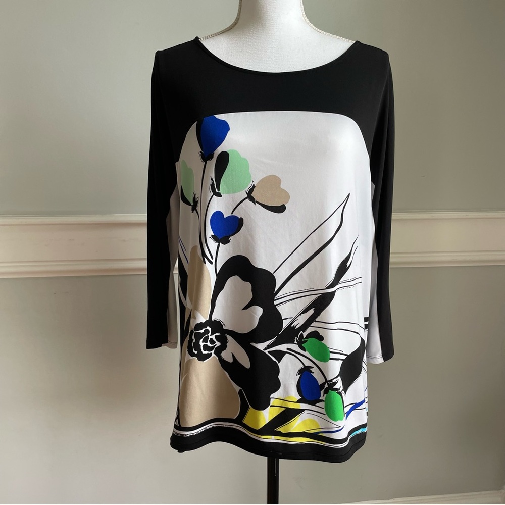 Dana Buchman Floral Print Women's Top - Black Green Size Large Hi Low 3/4 Sleeve